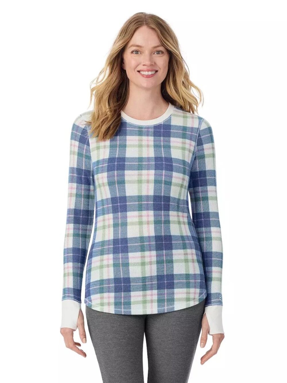 Cuddl Duds Cozy Stretch Thermal Long Sleeve Women's Crew Top Blue/Green Plaid S